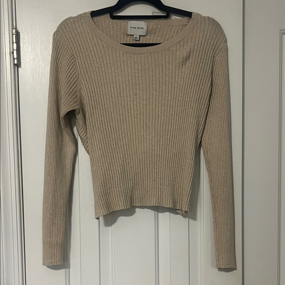 Pink Rose Ribbed Knit Sweater - Tan - Picture 1 of 6